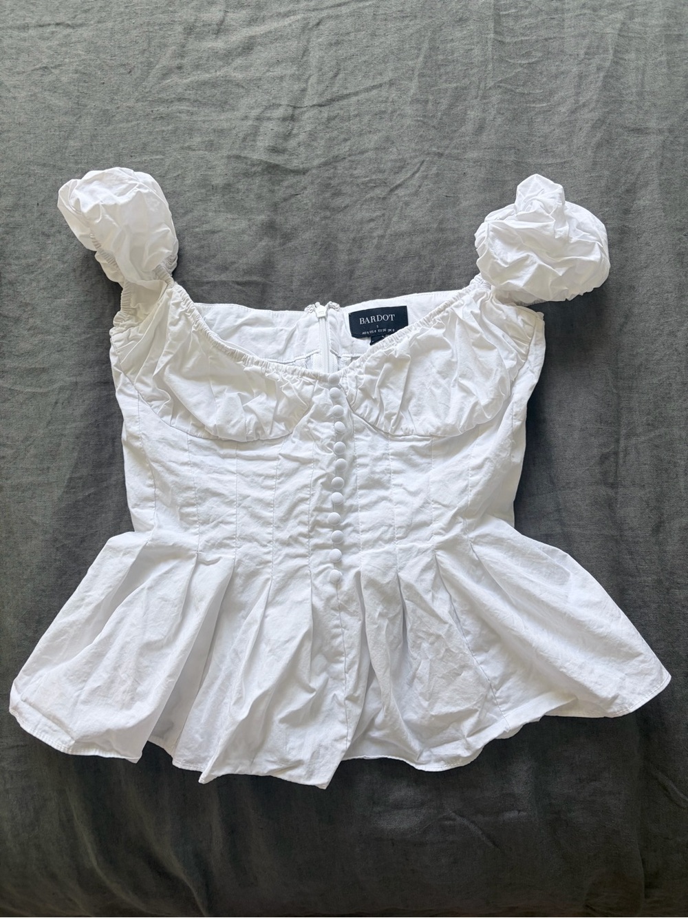 Bardot White Puff Sleeve Button Front Peplum Top